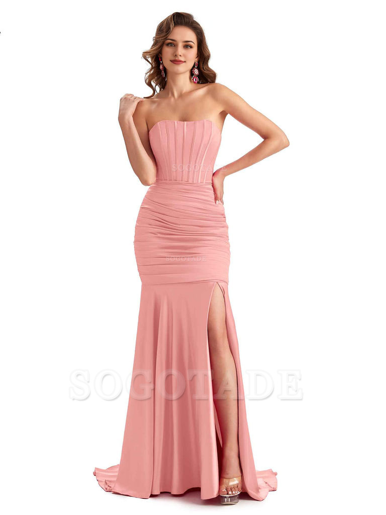 Sexy Strapless Side Slit Mermaid Silky Satin Formal Bridesmaid Dresses
