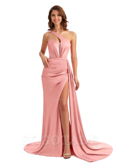 Mermaid One Shoulder Satin formal dresses evening gown Bridesmaid Dresses With Side Slit