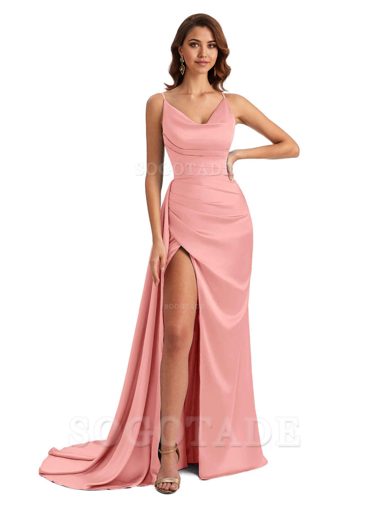 Mermaid Cowl Spaghetti Satin formal dresses evening gown Bridesmaid Dresses With Side Slit