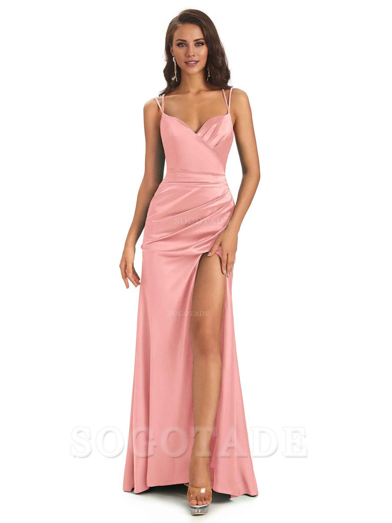Sexy Soft Satin Side Slit Spaghetti Straps Long Maxi Mermaid Bridesmaid Dresses Elegant Evening Party Dress