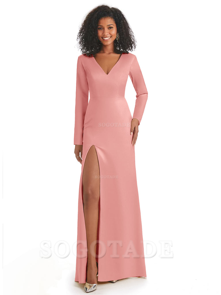 Soft Satin Side Slit Long Sleeves V-Neck Long African Mermaid Bridesmaid Dresses Elegant Evening Party Dress