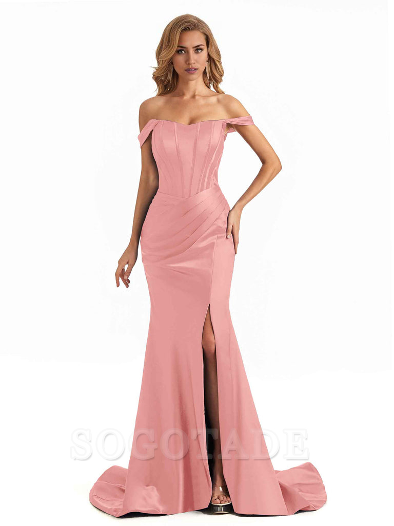 Sexy Long Mermaid Bridesmaid Dresses Off The Shoulder with Side Slit Satin Elegant Evening Party Dress 