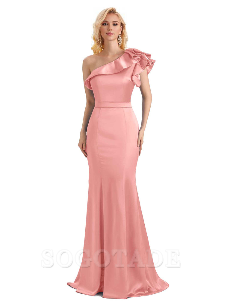 One Shoulder Long Mermaid Bridesmaid Dresses Soft Satin Charming Evening Party Dress