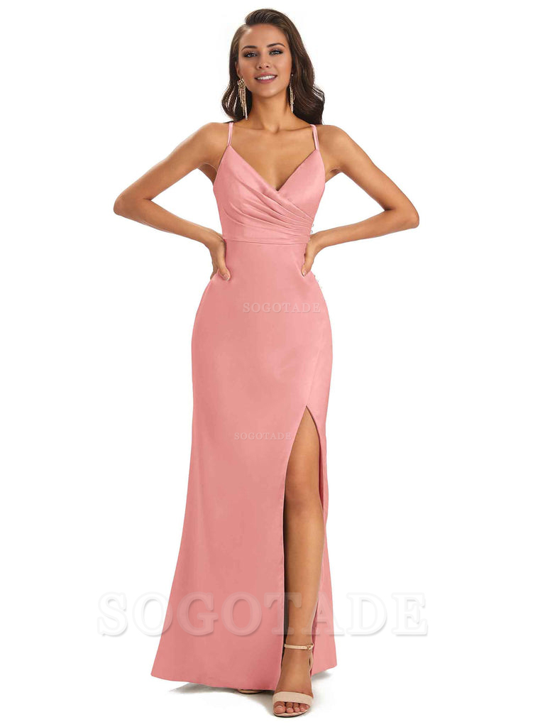 Soft Satin Side Slit Spaghetti Straps Long Unique Mermaid Bridesmaid Dresses Elegant Evening Party Dress