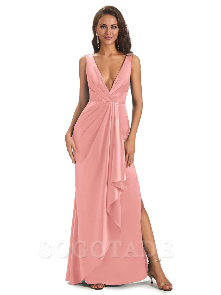 Sexy Satin V-Neck Floor-Length Long Bridesmaid Dresses with Side Slit Elegant Evening Party Dress