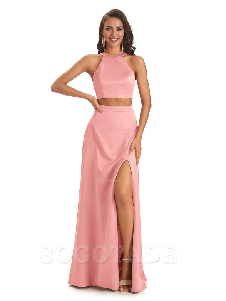 Soft Satin Two-Pieces Halter Side Slit Sexy Fashion Bridesmaid Dresses Charming Evening Party Dress