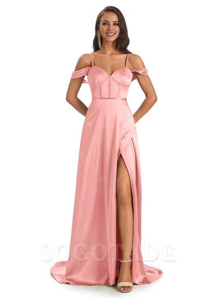 Stylish Soft Satin Side Slit Spaghetti Straps Bridesmaid Dresses Elegant Evening Party Dress
