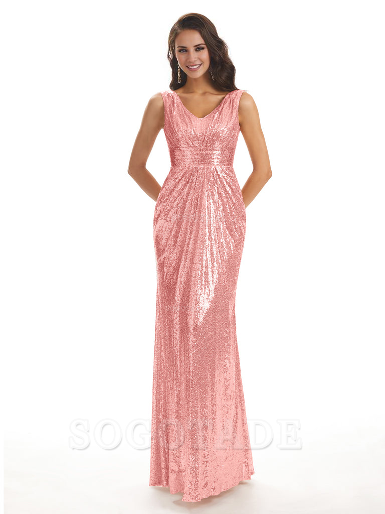 Sparkly V-Neck Sequin Long Mermaid Bridesmaid Dresses Sleeveless Charming Evening Party Dress