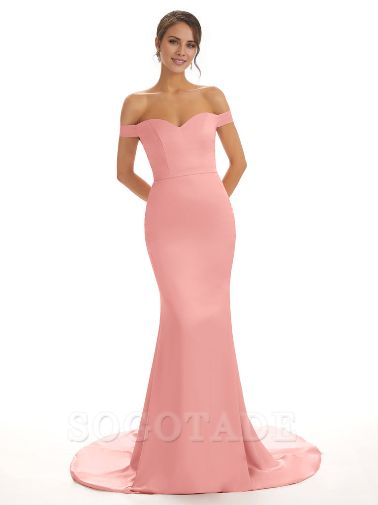 Elegant Off The Shoulder Satin Long Mermaid Bridesmaid Dresses