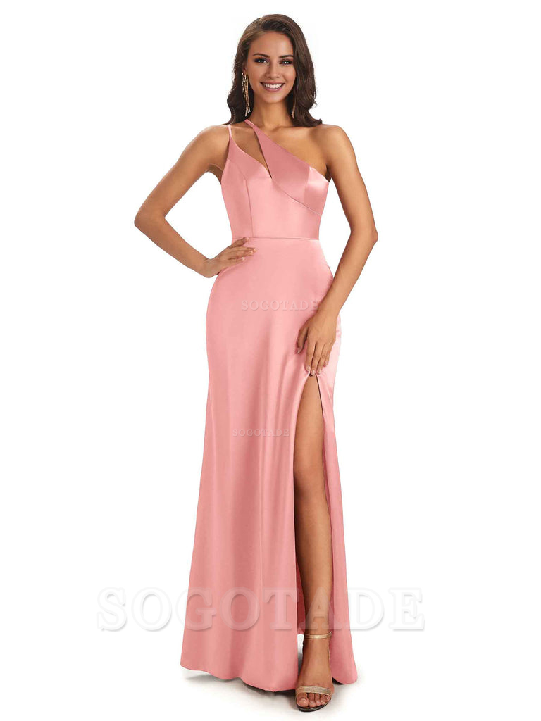 Sexy Soft Satin Side Slit One Shoulder Floor-Length Mermaid Long Bridesmaid Dresses Elegant Evening Party Dress