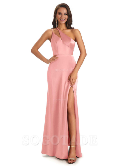 Sexy Soft Satin Side Slit One Shoulder Floor-Length Mermaid Long Bridesmaid Dresses Elegant Evening Party Dress