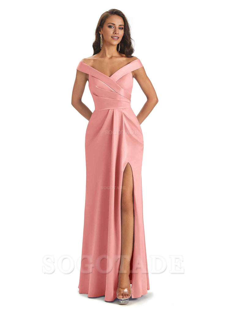 Sexy Soft Side Slit Off Shoulder V-Neck Long Satin Ladies Bridesmaid Dresses Elegant Evening Party Dress
