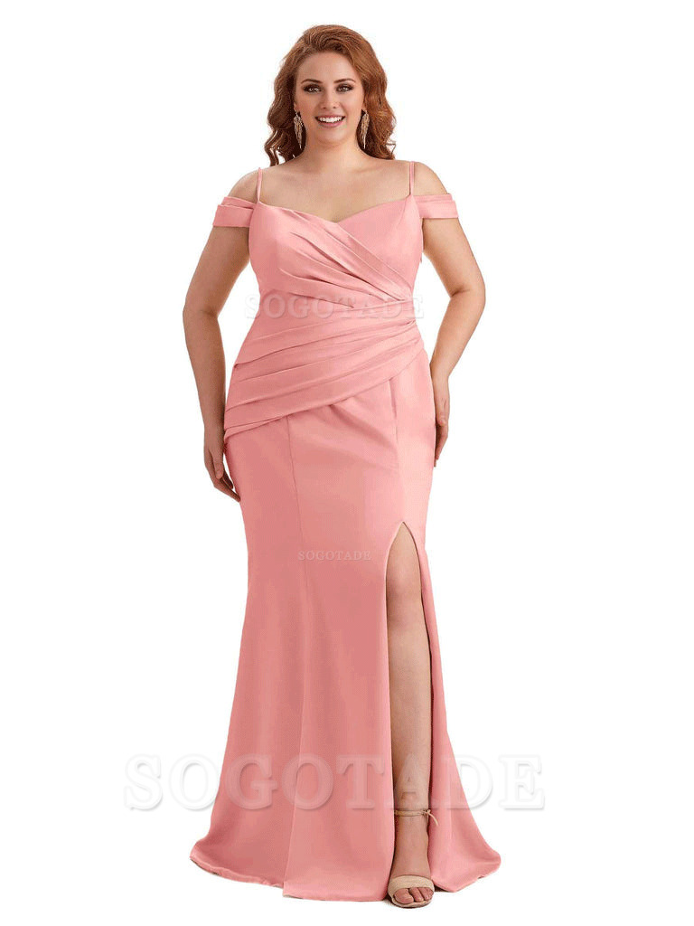 Elegant Cold Shoulder Side Slit Mermaid Soft Satin Long Plus Size Bridesmaid Gowns
