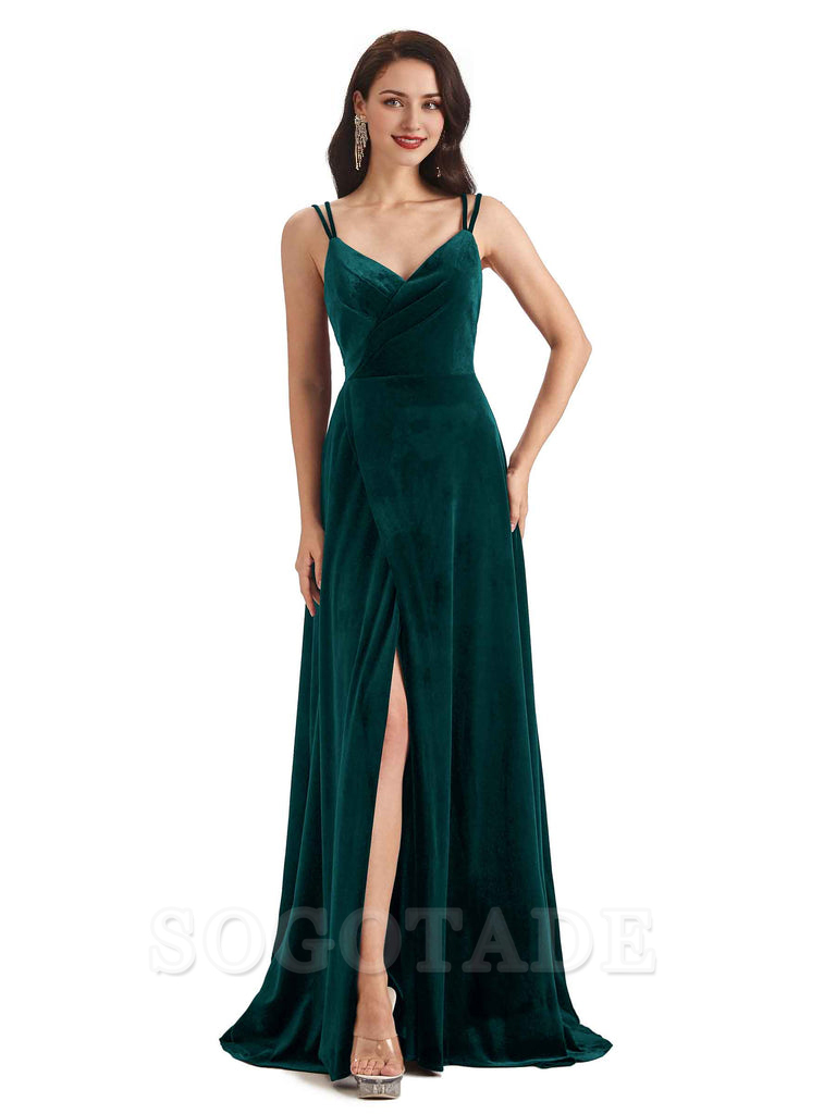 Sexy Velvet Long Bridesmaid Dresses Spaghetti Straps Open Back with Side Slit