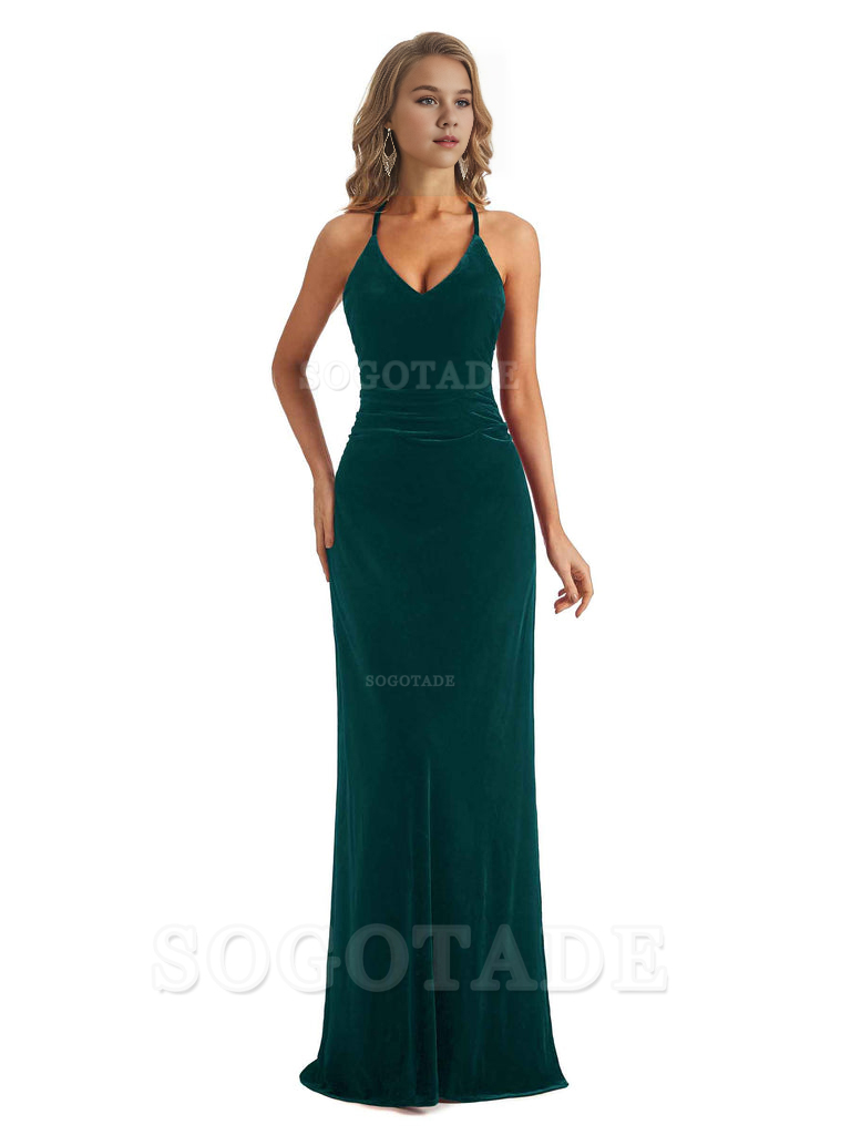 Elegant V-Neck Halter Backless Mermaid Velvet Long Wedding Party Dresses Bridesmaid Dresses Formal Women's Dresses Wedding Guests Dresses