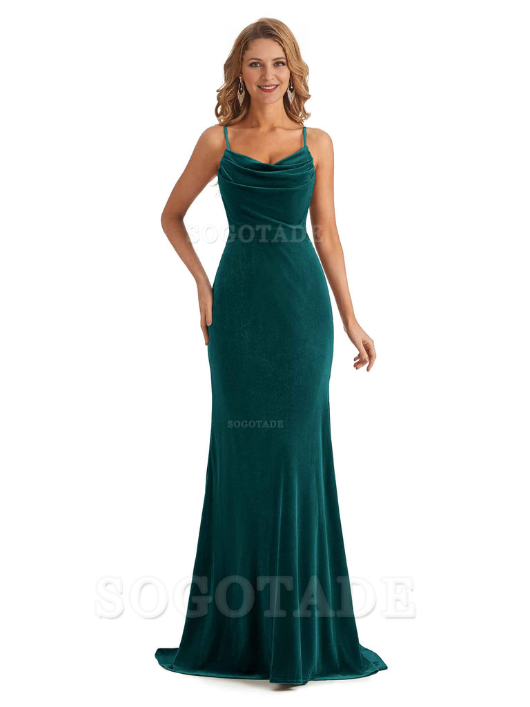 Elegant High Quality Mermaid Spaghetti Straps Cowl Velvet Side Slit Long Exquisite Bridesmaid Dresses Formal Women's Dresses Wedding Guests Dresses