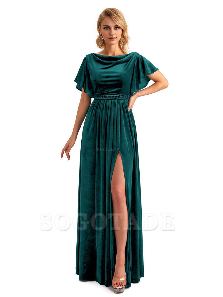 Elegant A-Line Jewel Bat Sleeves Velvet Side Slit Long Bridesmaid Dresses