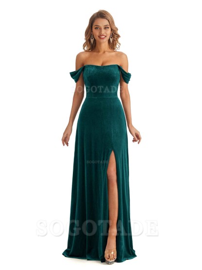 Elegant Mermaid Off The Shoulder Unique Velvet Side Slit Backless Long Bridesmaid Dresses Formal Wear Dresses