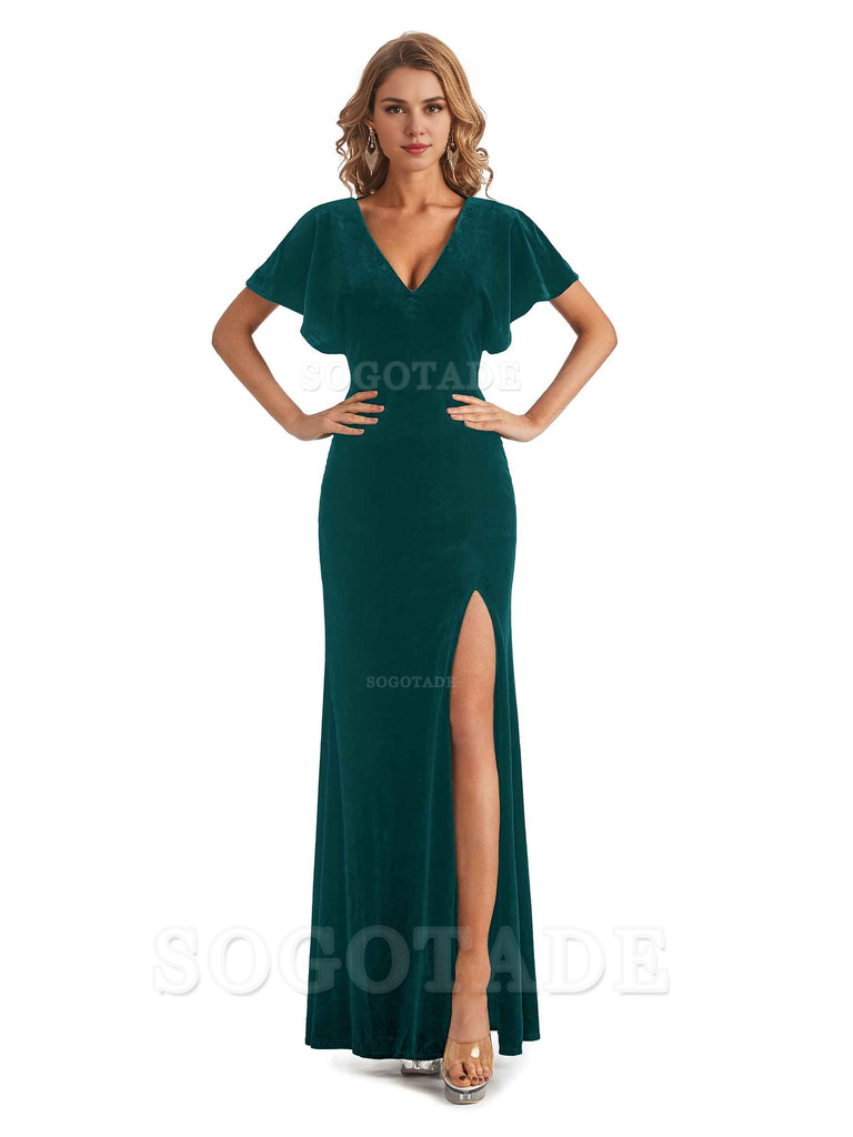 Mermaid Cultivate oneself V-Neck Short Sleeves Side Slit Velvet Long Elegant Simple Bridesmaid Dresses Formal Women's Dresses Wedding Guests Dresses