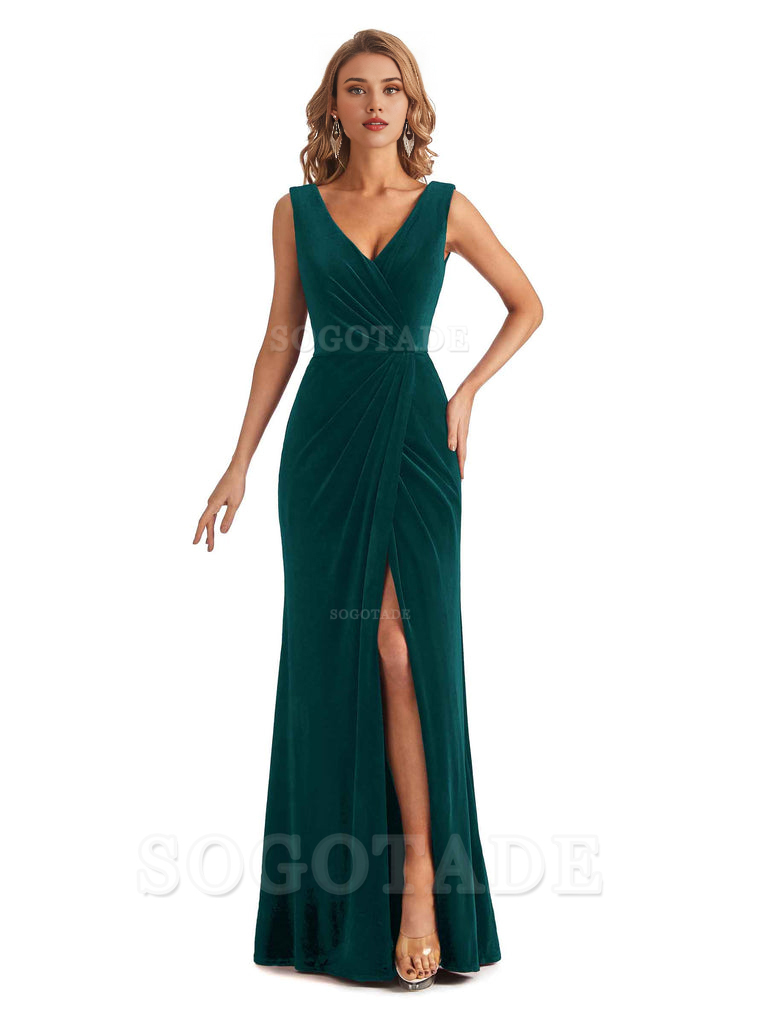 Sexy Deep V-Neck Sheath Velvet Side Slit Long Elegant Bridesmaid Dresses Formal Women's Dresses Wedding Guests Dresses