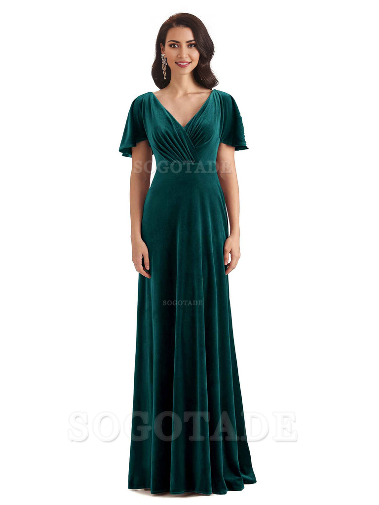 V-Neck Sexy See Through Short Sleeves Lace up Velvet Long Bridesmaid Dresses Formal Women's Dresses Wedding Guests Dresses