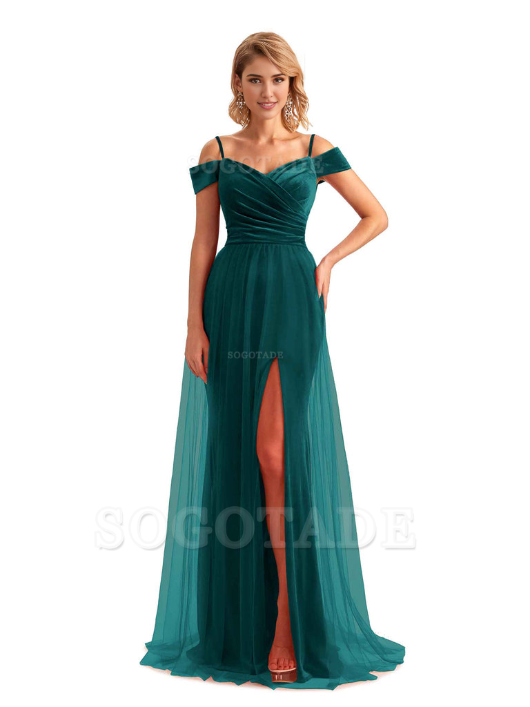 Elegant Mermaid Spaghetti Straps Floor Length Cold Shoulder Side Slit Tulle Velvet Long Bridesmaid Dresses