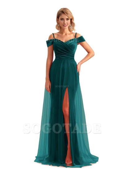 Elegant Mermaid Spaghetti Straps Floor Length Cold Shoulder Side Slit Tulle Velvet Long Bridesmaid Dresses