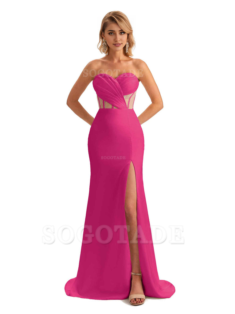 Sexy Sweetheart Strapless Side Slit Mermaid Soft Satin Unique Long Bridesmaid Dress For Wedding