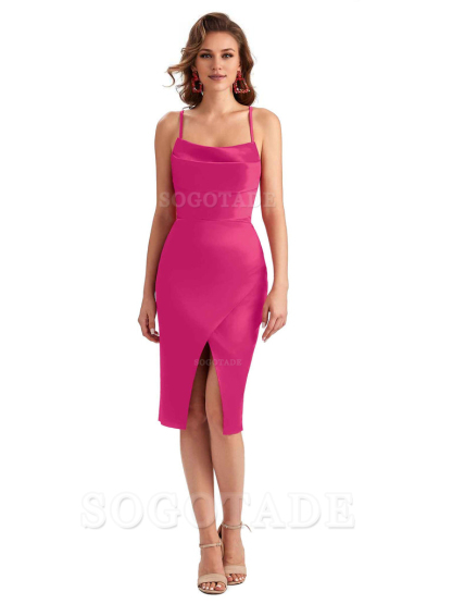 Elegant Spaghetti Straps Mermaid Soft Satin Knee Length Short Bridesmaid Dresses