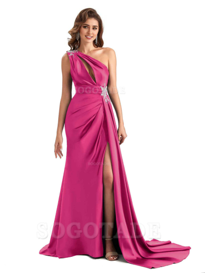 Sexy Side Slit Mermaid Soft Satin One Shoulder Lace Long Modern Bridesmaid Dresses