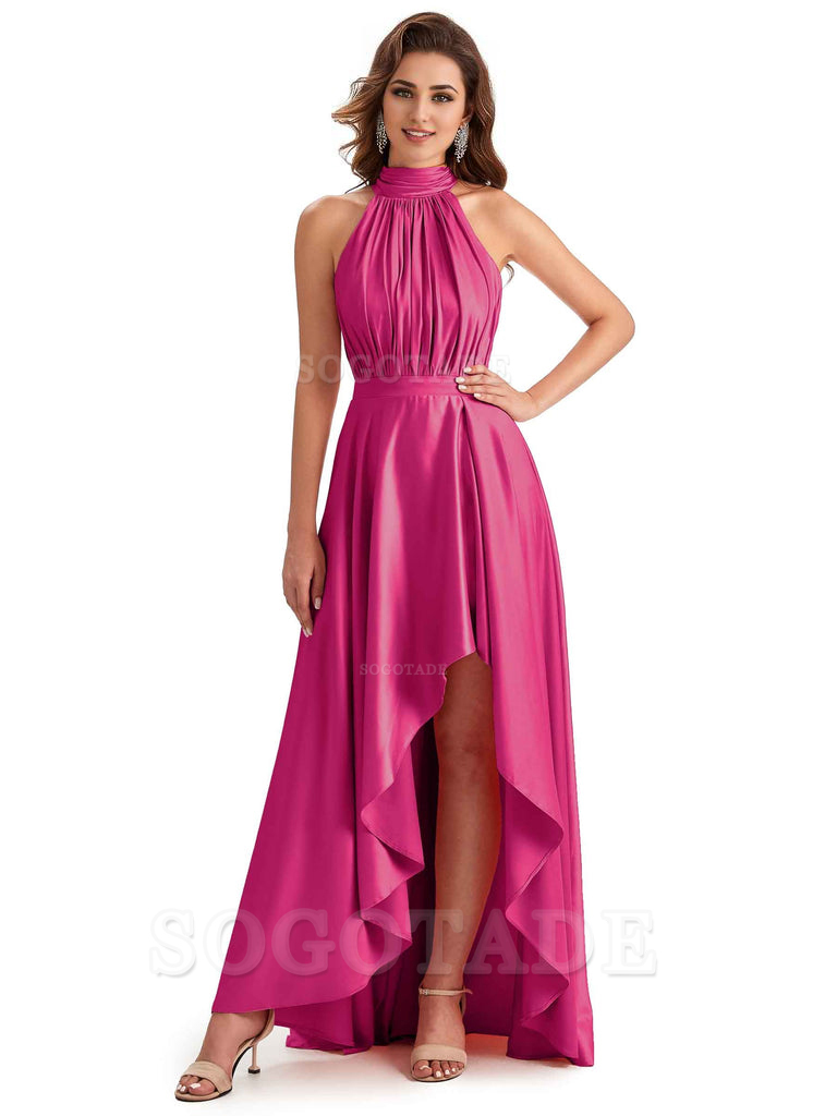 Soft Satin High Neck High Low A-Line Unique Bridesmaid Dresses Online