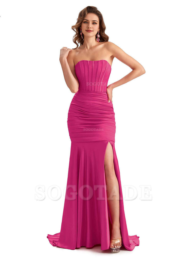 Sexy Strapless Side Slit Mermaid Silky Satin Formal Bridesmaid Dresses