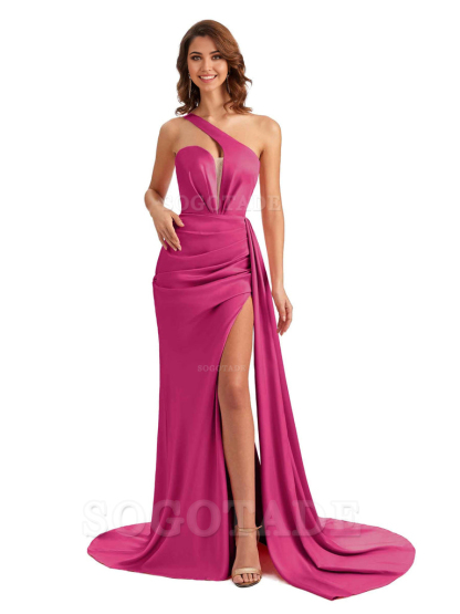 Mermaid One Shoulder Satin formal dresses evening gown Bridesmaid Dresses With Side Slit