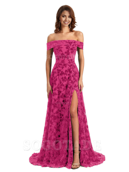 A-Line Off Shoulder Lace Velvet formal dresses evening gown Bridesmaid Dresses With Side Slit
