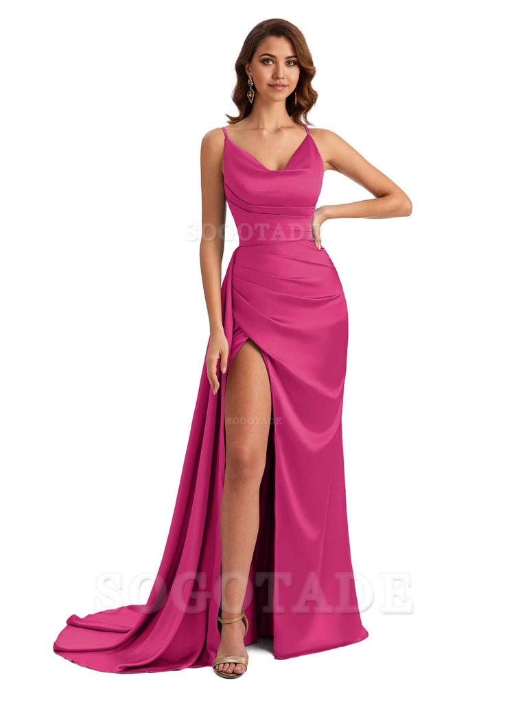 Mermaid Cowl Spaghetti Satin formal dresses evening gown Bridesmaid Dresses With Side Slit
