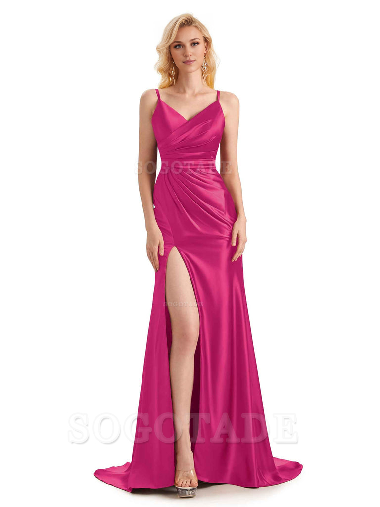 Sexy Charming Side Slit V-Neck Pleated Spaghetti Straps Backless Satin