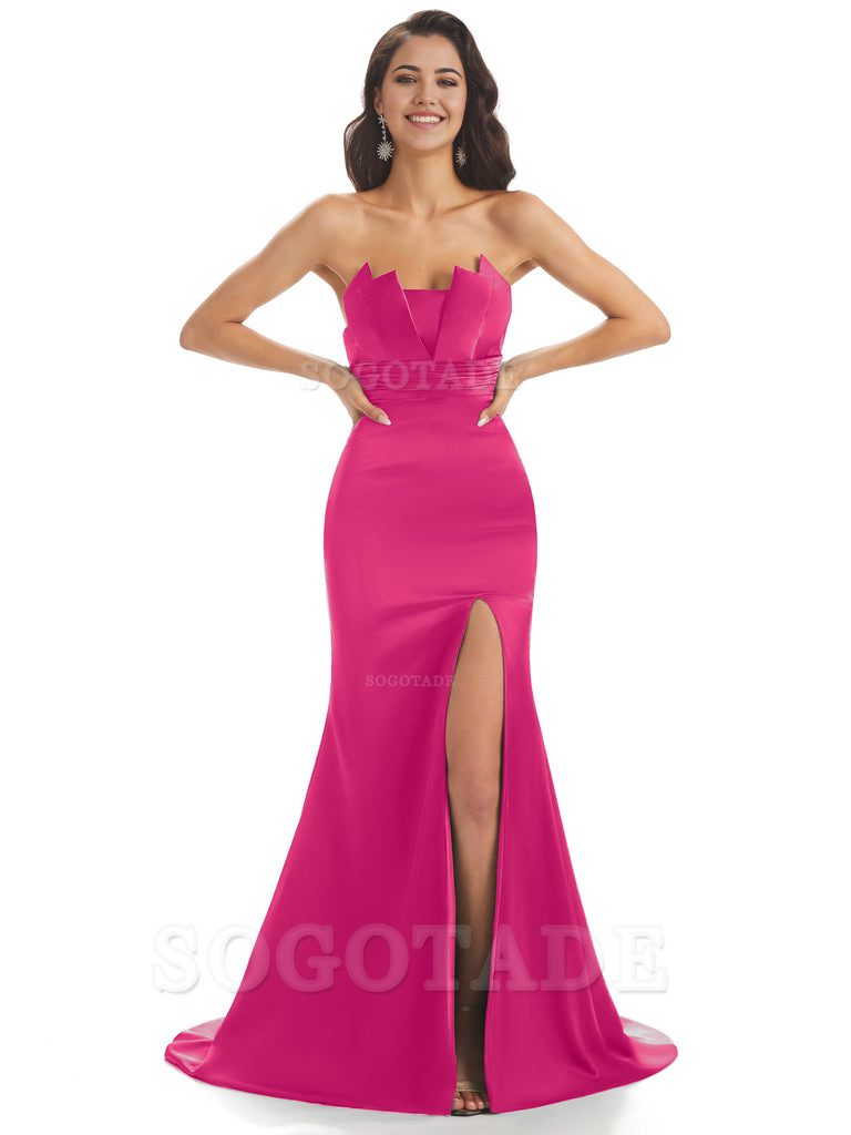 Mermaid sleeveless Satin formal dresses evening gown Bridesmaid Dresses With Side Slit 
