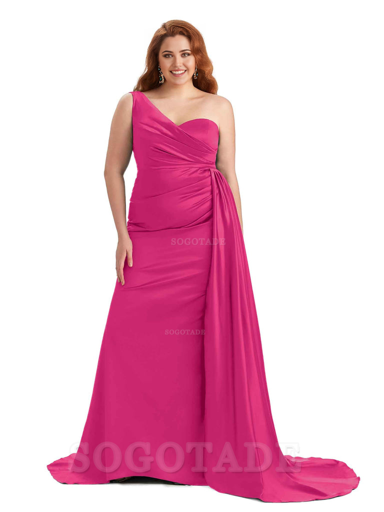 Sexy One Shoulder Sleeveless Mermaid Soft Satin Long Plus Size With Train Bridesmaid Gowns