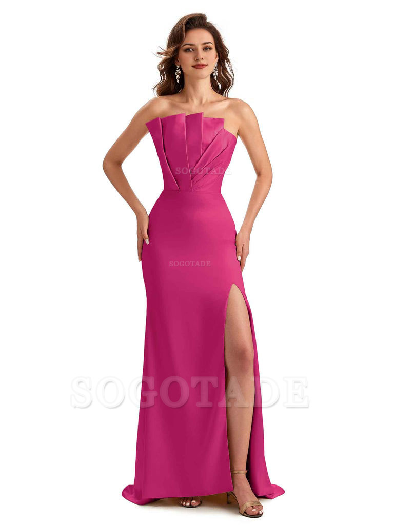 Unique Soft Satin Side Slit Asymmetrical Neckline Mermaid Long Bridesmaid Dresses
