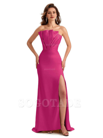 Unique Soft Satin Side Slit Asymmetrical Neckline Mermaid Long Bridesmaid Dresses