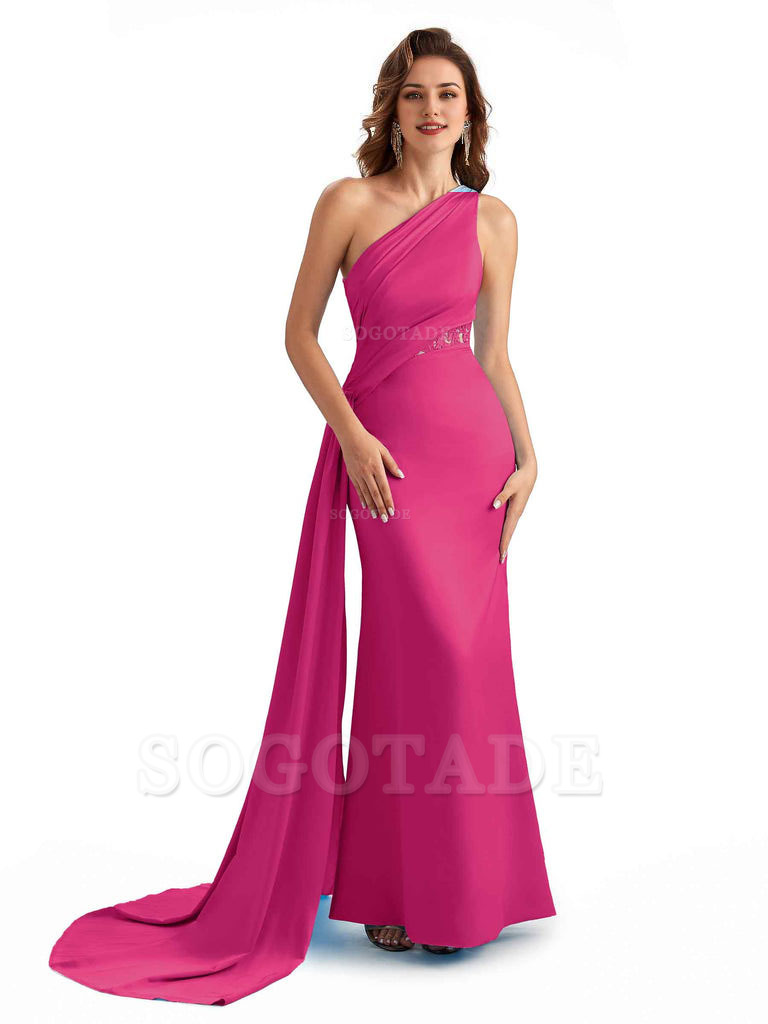 Sexy Mermaid Silky Satin One Shoulder Lace See Through Long Bridesmaid Dresses Online