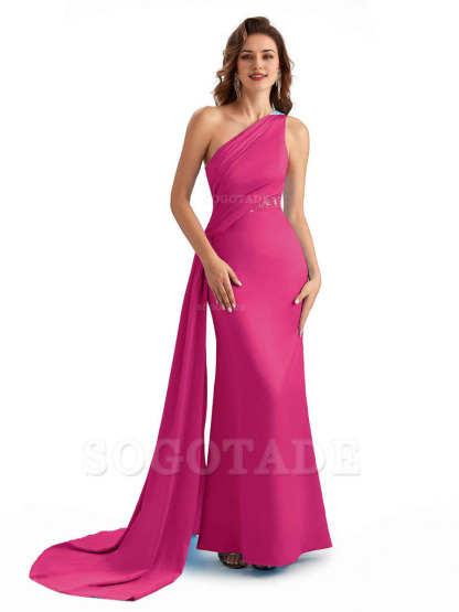 Sexy Mermaid Silky Satin One Shoulder Lace See Through Long Bridesmaid Dresses Online