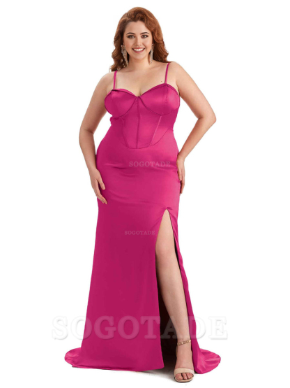 Sexy Spaghetti Straps Side Slit Sleeveless Mermaid Soft Satin Long Bridesmaid Dress Plus Size Dress To Wear to a Wedding