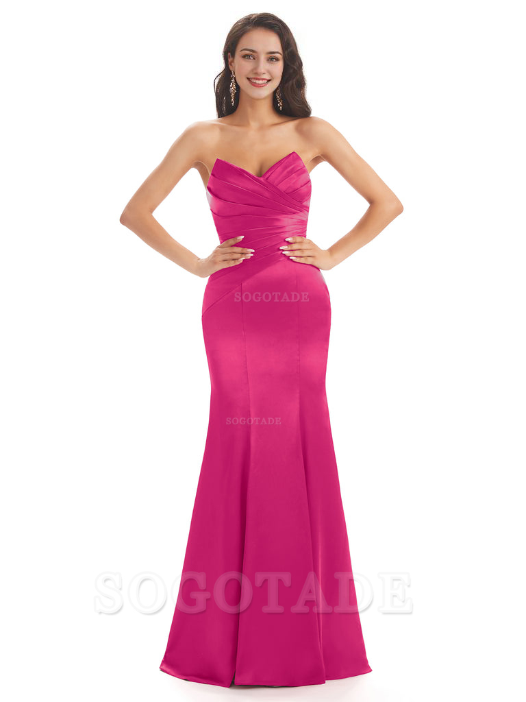 Simple Strapless Sweetheart Soft Satin Mermaid Long Bridesmaid Dresses prom shop dresses