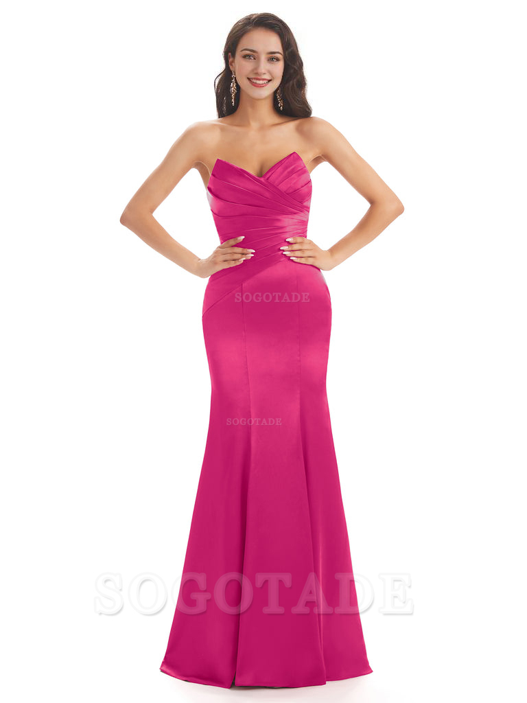 Simple Strapless Sweetheart Soft Satin Mermaid Long Bridesmaid Dresses prom shop dresses