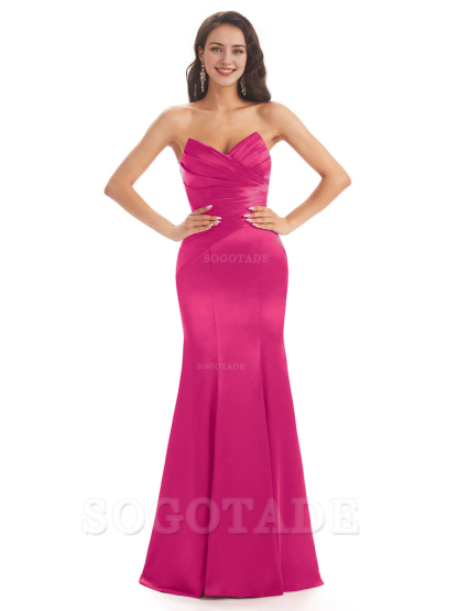Simple Strapless Sweetheart Soft Satin Mermaid Long Bridesmaid Dresses prom shop dresses