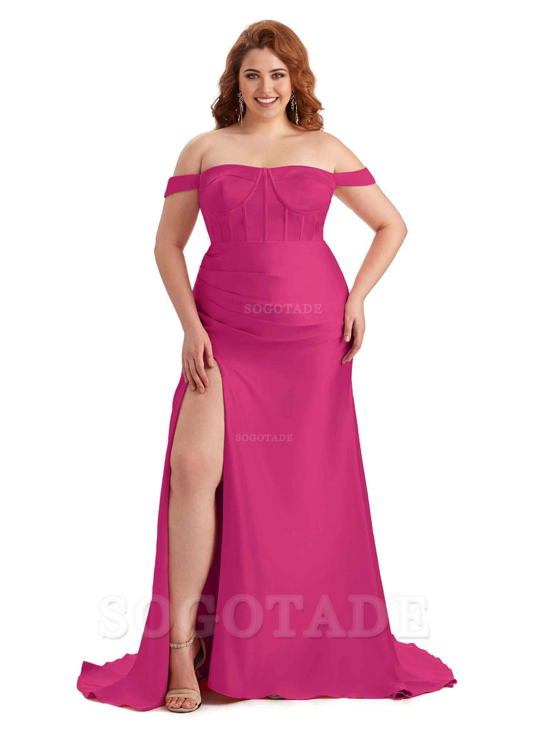 Elegant Off The Shoulder Side Slit Mermaid Soft Satin Floor Length Long Plus Size Bridesmaid Gowns