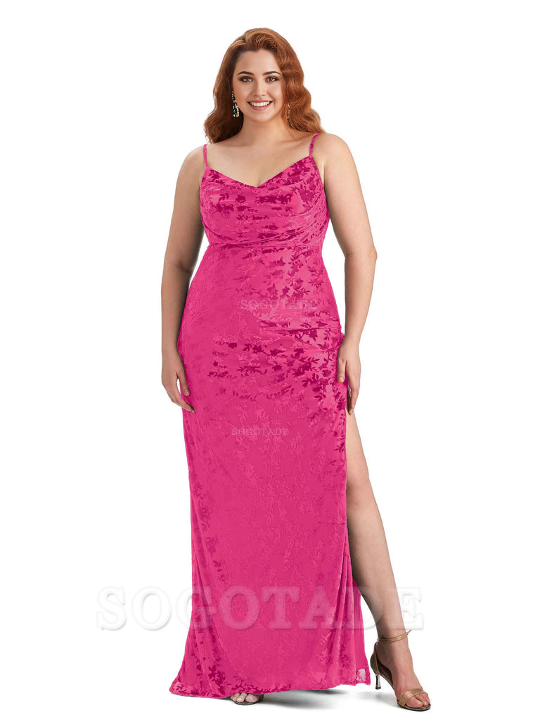 Sexy Side Slit Spaghetti Straps Mermaid Floral Velvet Long Plus Size Bridesmaid Dresses For Wedding