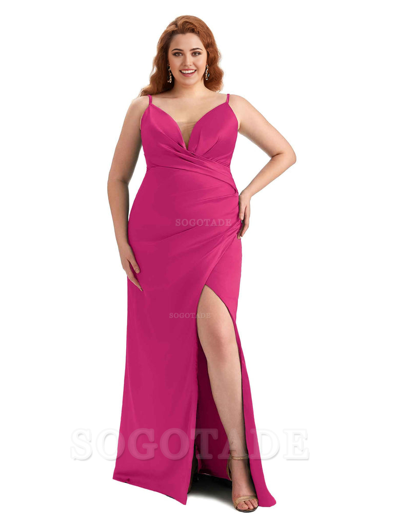 Sexy Side Slit Spaghetti Straps Sleeveless Mermaid V-neck Soft Satin Long Plus Size Bridesmaid Dress For Wedding