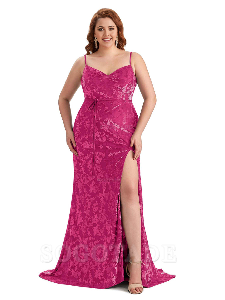 Sexy Side Hight Split Sleeveless Mermaid Spaghetti Straps Floral Velvet Long Plus Size Bridesmaid Gowns